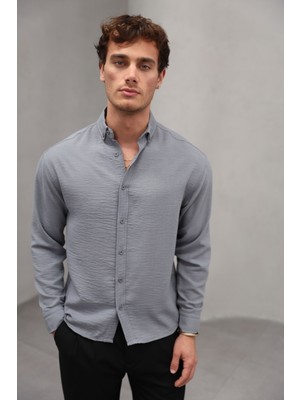 Bürke Yazlık Keten Dokulu Uzun Kollu Gri Yarım Oversize Erkek Gömlek