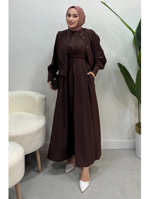 Tesettür Diyarı Yazlık Ince Kumaş Üstü Ceketli Jile Elbise- Kahverengi