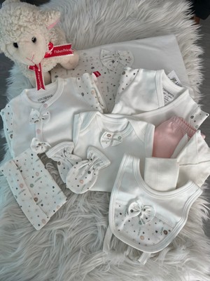 Cocopoco Çiçek Desenli Somon ve Beyaz Renk Yenidoğan Hastane Çıkışı Set 10 Parça