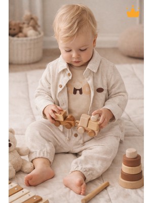 Baby Hola Panda Baskılı Müslin Kumaş Erkek Bebek Üçlü Takım Set Babyhola 2201