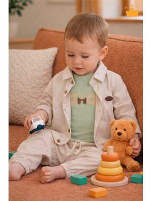 Baby Hola Panda Baskılı Müslin Kumaş Erkek Bebek Üçlü Takım Set Babyhola 2201