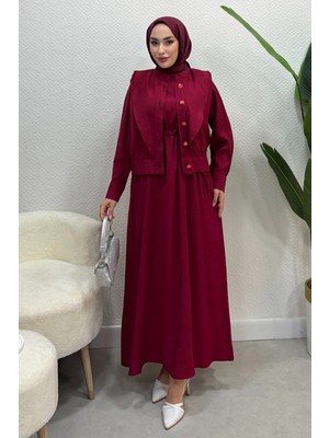 Tesettür Diyarı Yazlık Ince Kumaş Üstü Ceketli Jile Elbise- Bordo