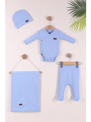 Kidello Mavi Yenidoğan Kundak Badi Şapkalı Battaniyeli 4'lü Set | Kız Erkek %100 Pamuk Bebek Takımı