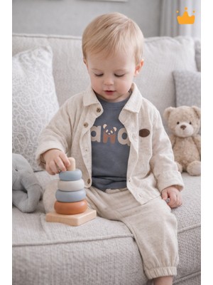 Baby Hola Panda Baskılı Müslin Kumaş Erkek Bebek Üçlü Takım Set Babyhola 2201