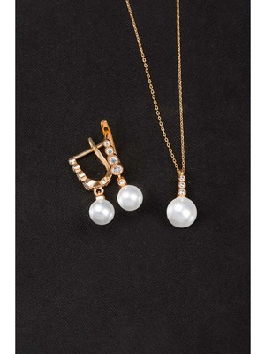 By More 925 Ayar Gümüş Tria Modeli Küre Inci Set - Rose Altın Kaplama