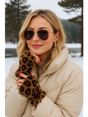 Kokoş Leopr Desen Peluş Vizon Kesik Eldiven