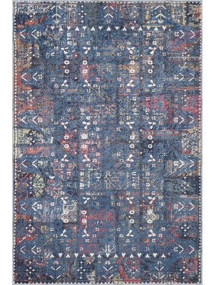 Drev Modern Mavi Polyester ve Pamuklu Kaydırmaz Tabanlı Yıkanabilir Dijital Baskı Halısı