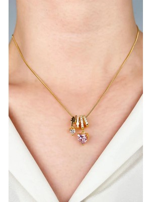 Sose Moda Pembe Kalp Uçlu Charm Çelik Kolye - Gold