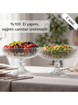 Glamis Selen Concept Linea Damla Model Ayaklı El Yapımı Cam Salata ve Meyve Kasesi 2'li Set