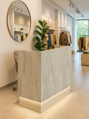 Dorpek Rissa Ledli Karşılama Bankosu 110CM Kasa Resepsiyon Masası Ofis Bankosu Sepet-Kumtaşı