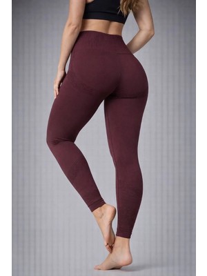 Nonofit Kadın Yüksek Bel Full Extra Toparlayıcı Likralı Ön Arka ve Bilek Desenli Tayt - Bordo