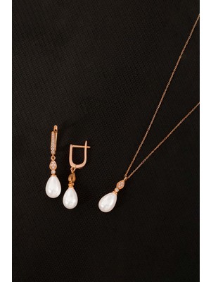 By More 925 Ayar Gümüş Zirkon Taşlı Damla Modeli Inci Set - Rose Altın Kaplama