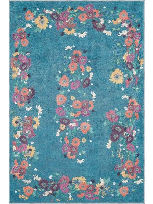 Pesse Modern Mavi Polyester ve Pamuklu Kaydırmaz Tabanlı Yıkanabilir Dijital Baskı Halısı