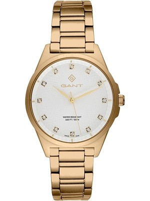 Gant Kadın Kol Saati 38 mm Taşlı Beyaz Kadran Altın Kasa Kordon Mineral Cam 5 Atm
