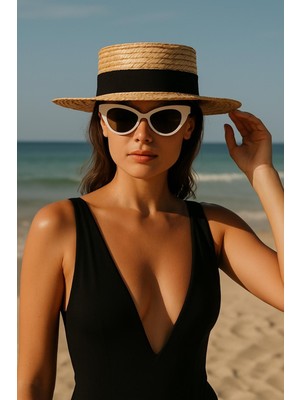 Dess Design Bantlı Doğal Hasır Boater Şapka - Kadın Hasır Şapka