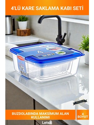 Letsii 4'lü Kare Şeffaf Sızdırmaz Mavi Kapaklı Bpa Free Buzdolabı Saklama Kabı