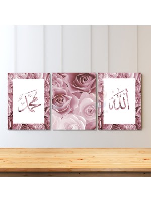 Artarilion Dikey 3'lü Kanvas Tablo Allah Hz. Muhammed Pembe Güller Dini Islami Manevi Salon Tablosu
