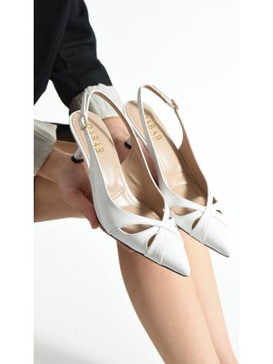 Dabab Shoes Sıeny Kadın Beyaz 6 cm Topuklu Arkası Açık Tokalı Sivri Burun Stiletto Rugan Ayakkabı