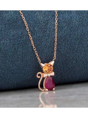 Mavili Gümüş Kırmızı Damla Taşlı Trend Gümüş Kedi Kolye - Rose