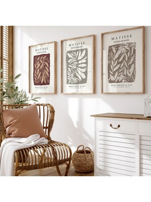 Pam Studio Matisse Tarzı 3’lü Poster Seti – Minimalist Yaprak Illüstrasyonları, Vintage Sanat Baskı