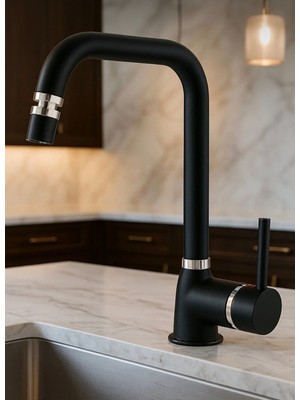 Siyah Krom 360 Oynar Başlıklı Mutfak Evye Bataryası