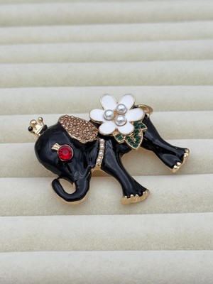 Luseda Ithal Siyah Mine Detaylı Inci & Taş Süslemeli Fil Figürlü Zarif Broş