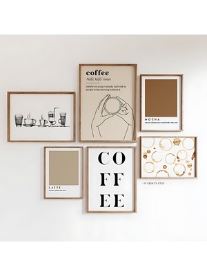 Voba Store Voba 6 Parça Kahve Temalı Mutfak Tablosu Seti Mdf Çerçeve Görünümlü / Kahve Köşesi Dekoru