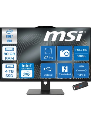 MSI Msı Modern AM272P Intel Core 7 150U 5.4ghz 80GB Ddr5 4tb SSD Freedos Intel Graphics 27 Inç Fullhd (1920X1080) IPS 300NITS All In One Bilgisayar 1M1205XTRF35 + Zetta Flash Bellek