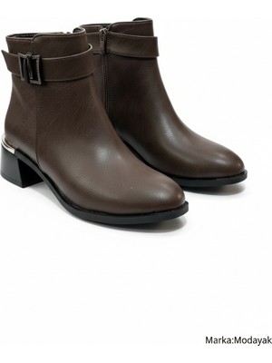 Modayak Florin Acı Kahve Fermuarlı Siyah Tokalı Taşlı Topuklu Yarım Bot