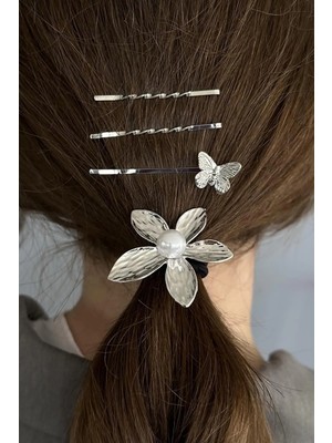 Kokoş Gümüş Renk Çiçek Figürlü Lastik Toka ve Tel Toka Set