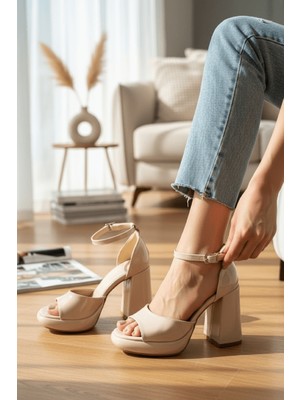Divolya Bomme Bej Rugan ( 9 cm Topuk ) Platform Topuklu Günlük Ayakkabı