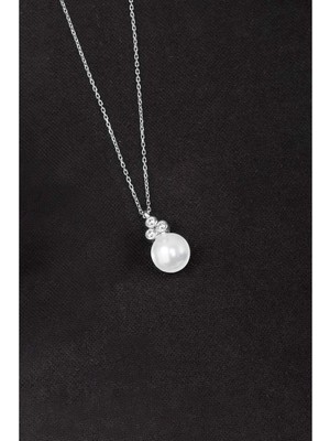 By More 925 Ayar Gümüş Zirkon Taşlı Tria Küre Inci Kolye - Rodyum Kaplama