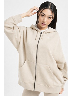 Nike Sportswear Essentials Oversize Fleece Full Zip Hoodie Kadın Oversize Kapüşonlu Sweatshirt Krem