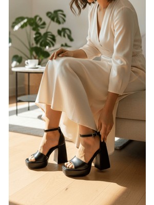 Divolya June Siyah Cilt ( 9 cm Topuk ) Platform Topuklu Günlük Ayakkabı