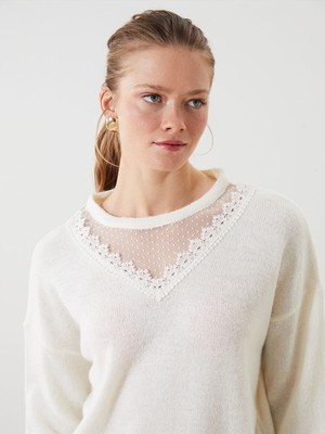 Lc Waikiki Yeni Sezon Bisiklet Yaka Dantel Detaylı Oversize Kadın Triko Kazak