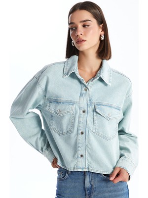 Lc Waikiki Yeni Sezon Düz Uzun Kollu Crop Kadın Jean Gömlek Ceket