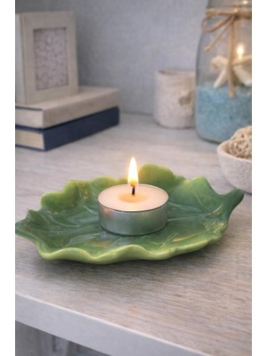 Yaprak Formlu Seramik Mumluk | Dekoratif Tealight Mumluk, Yemek Masası & Ev Dekoru (Yeşil)