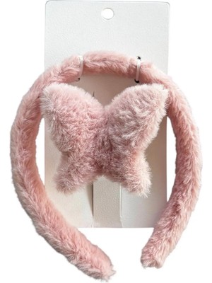 Kokoş Pembe Renk Kelebek Figürlü Peluş Mandal Toka ve Taç Set