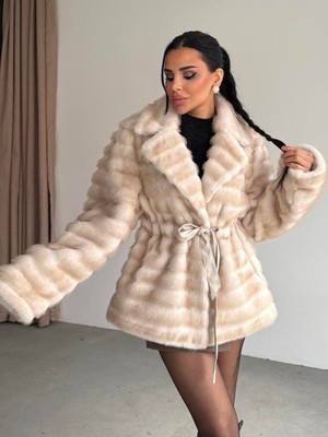 Rabiossa Kadın Şeritli Peluş Kürk Kaban