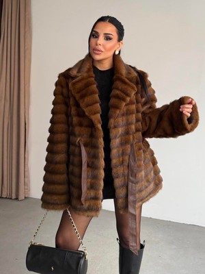 Rabiossa Kadın Şeritli Peluş Kürk Kaban