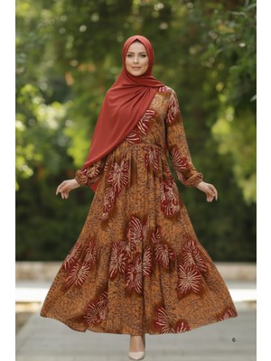 Maksen Tekstil Belmando Viskon Çiçek Desenli Mevsimlik Beli Büzgülü Uzun Tesettür Elbise