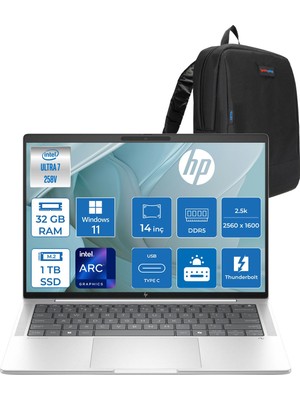 Hp Elitebook x G1I Next Gen Aı Intel® Core™ Ultra 7 258V  32GB Ddr5 1tb SSD 14" Intel® Arc™ Grafik 2.5k (2560 x 1600), Ips, 120 Hz 400 Nits, WIN11PRO Taşınabilir Bilgisayar D30NVETP13+ZETTAÇANTA