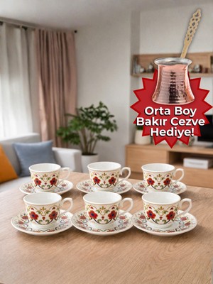 Airobazar 6 Kişilik Kahve Fincanı Takımı – Bakır Cezve Hediyeli Çini Desenli Porselen Fincan & Tabak Seti