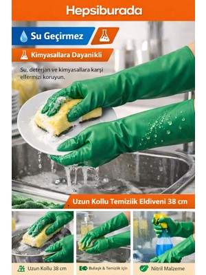 Ery Hegi Nitrosoll Uzun Kollu Bulaşık ve Temizlik Eldiveni 38 cm – Nitril, Su Geçirmez, Kimyasala Dayanıklı (Yeşil)