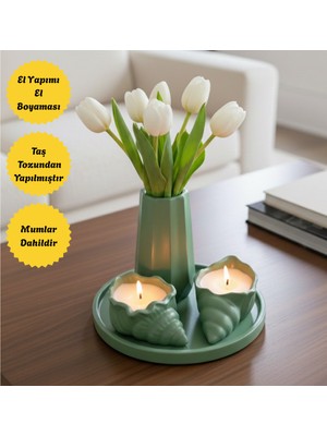 4 Parça Yeşil Dekoratif Set - Istiridye Mumlu, Vazolu, Yuvarlak Tepsili (Çiçek Dahil Değildir)