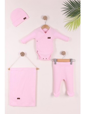 Kidello Pembe Yenidoğan Kundak Badi Şapkalı Battaniyeli 4'lü Set | Kız Erkek %100 Pamuk Bebek Takımı