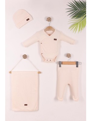 Kidello Bej Yenidoğan Kundak Badi Şapkalı Battaniyeli 4'lü Set | Kız Erkek %100 Pamuk Bebek Takımı