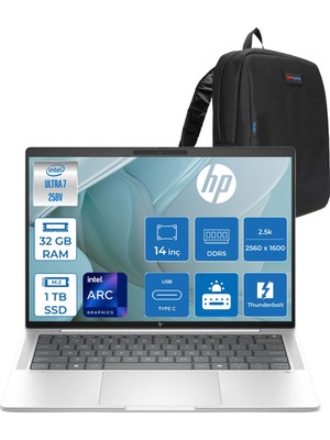Hp Elitebook x G1I Next Gen Aı Intel® Core™ Ultra 7 258V  32GB Ddr5 1tb SSD 14" Intel® Arc™ Grafik 2.5k (2560 x 1600), Ips, 120 Hz 400 Nits, Freedos Taşınabilir Bilgisayar  D30NVETF13+ZETTAÇANTA
