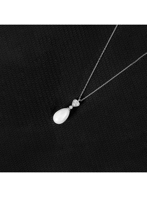 By More 925 Ayar Gümüş Zirkon Taşlı Kalpli Damla Inci Kolye - Rodyum Kaplama