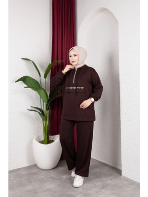 SFG Life Moda Kadın Tesettür Giyim Fermuarlı Taşlı Cep Kapaklı Kapşonlu & Pantolon Ikili Takım